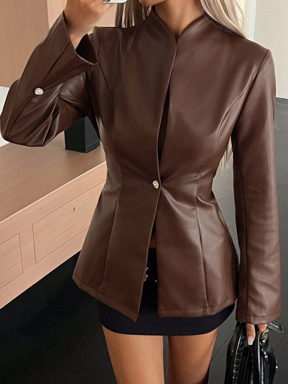 Chocolate Brown Elegant Women's Regular Fit Stand Collar Zipper Jacket - Picture 3 of 7